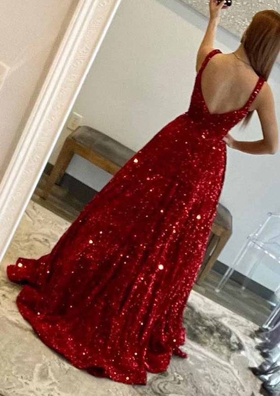 A-Line Velvet Sequins Square Neckline Sleeveless Pockets Sweep Train Prom Dress