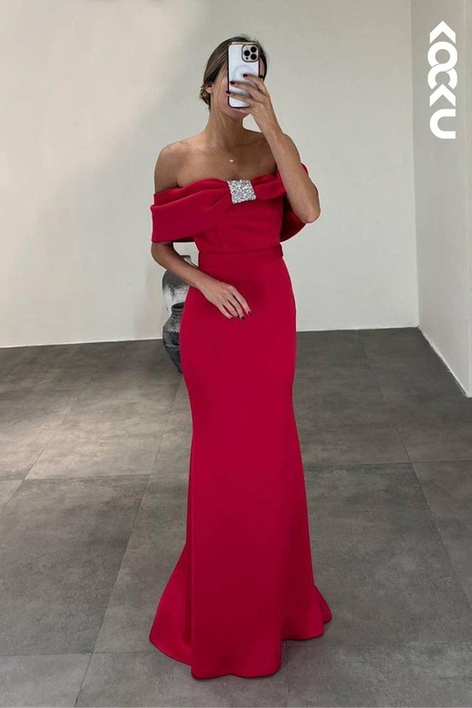 Red Off-Shoulder Cap Sleeves Sheath Rhinestone Formal Prom Dress