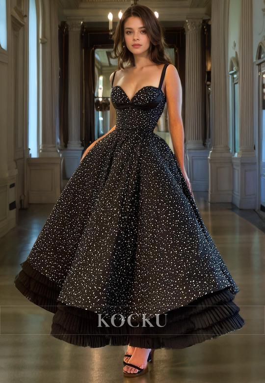 Couture & Ornate Spaghetti Straps V-Neck A-Line Sparkly Evening Gown