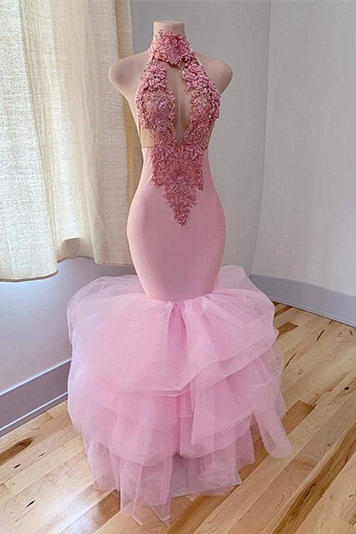 Pink High Neck Sleeveless Appliqued Mermaid Prom Dress