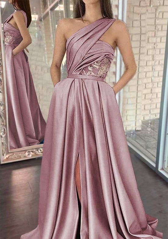 A-Line One-Shoulder Sleeveless Satin Split Pleated Sweep Train Prom Dress