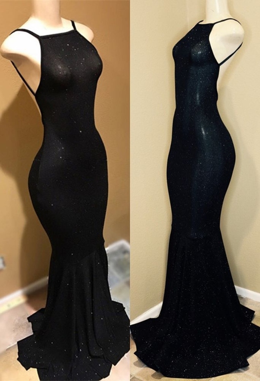 Backless Black Sequins Prom Dress Evening Gowns