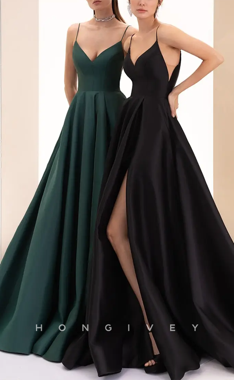 Sexy Satin A-Line V-Neck Spaghetti Straps Empire Side Slit Party Gown