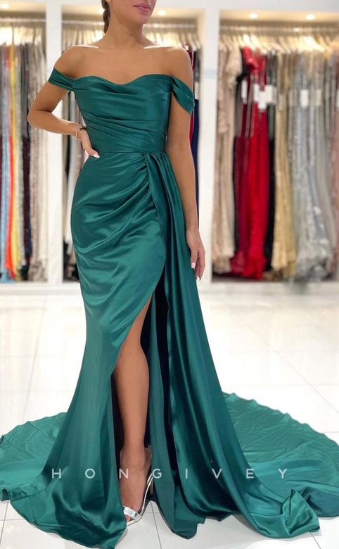 Simple Ruched with Train and Slit Evening Formal Party Gown