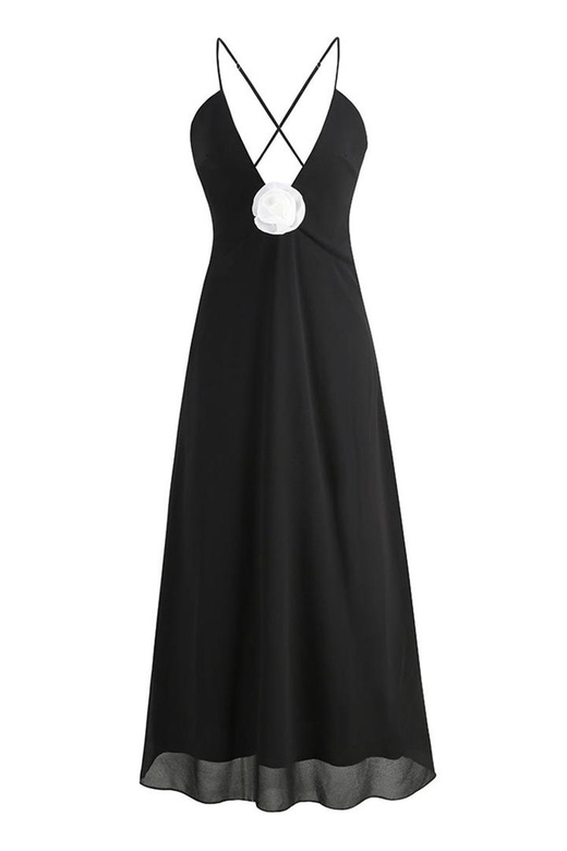 Sexy Rosette Deep V-Neck Spaghetti Strap Cross Back Chiffon Slip Maxi Dress