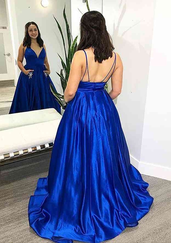 V-Neck Spaghetti Straps Satin Ball Gown Prom Dress with Pockets & Beading