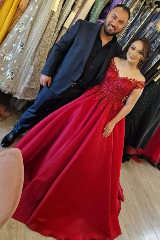 Off-the-Shoulder Burgundy Appliqued Ball Gown Prom Dress