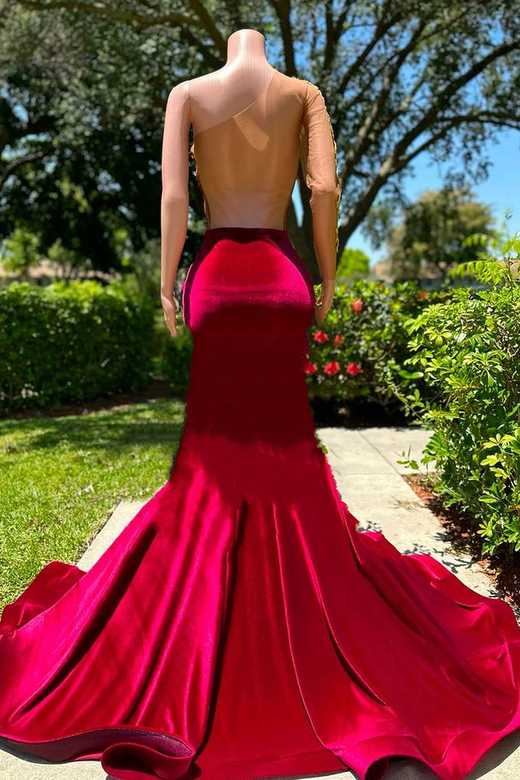 Gorgeous Long Sleeves One Shoulder Gold Appliques Burgundy Prom Party Dress