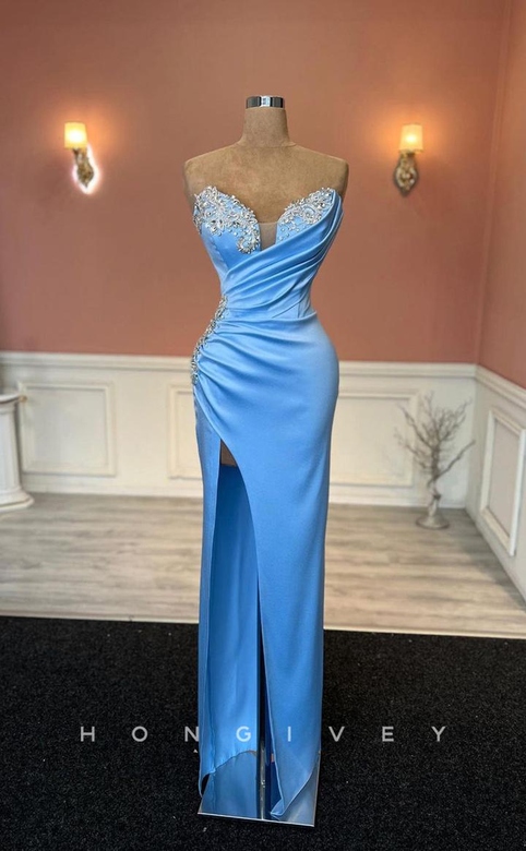 Sexy Fitted Satin Sweetheart Sleeveless Pleats Side Slit Party Prom Gown