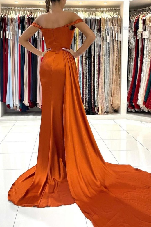 Burnt Orange Off-the-Shoulder Mermaid Prom Dress with Split