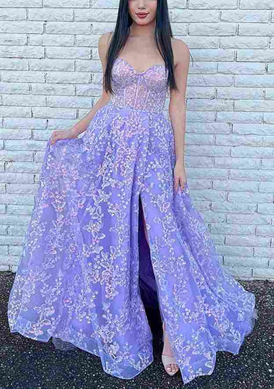 A-Line Sweetheart Tulle Prom Dress with Glitter, Split, and Full Sleeve