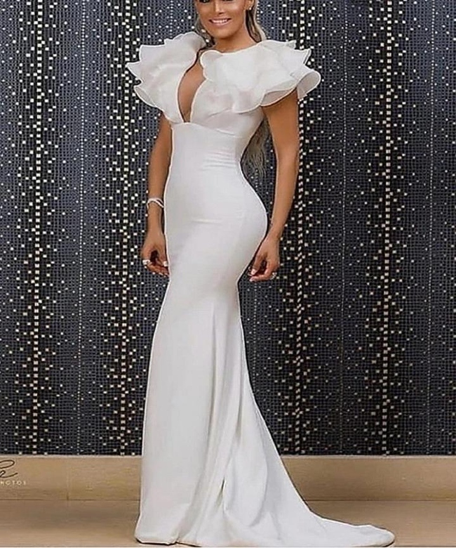 Charming Long White Mermaid V-Neck Sleeveless Ruffled Prom Dress