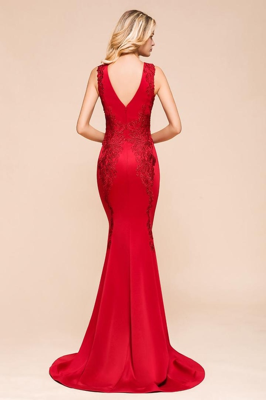 Gorgeous Red V-Neck Lace Appliques Mermaid Long Prom Dress