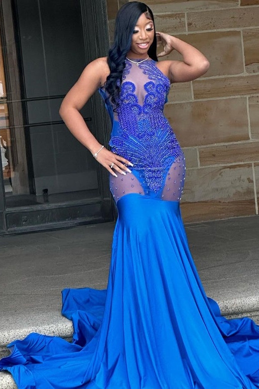 Glorious Royal Blue Lace Sleeveless Mermaid Prom Gown