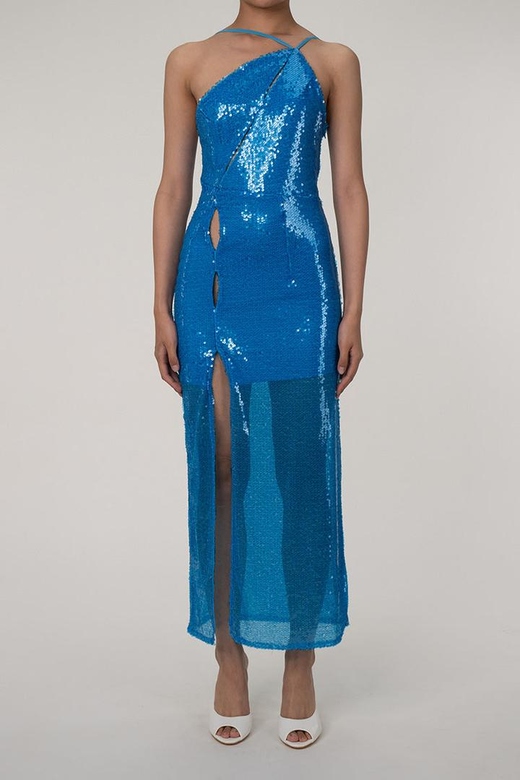 Blue Asymmetrical One Shoulder Cutout High Split Sequin Maxi