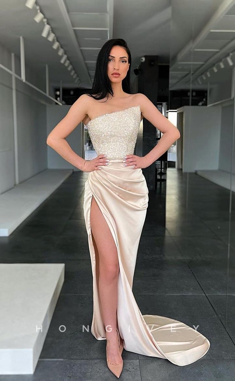 Sequined Embellished Strapless With Train And Slit Prom Party Formal Gown