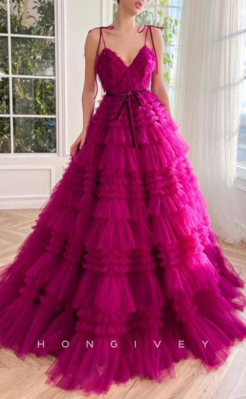 Sexy Tulle A-Line Sweetheart Straps Bowknot Tiered Party Prom Gown