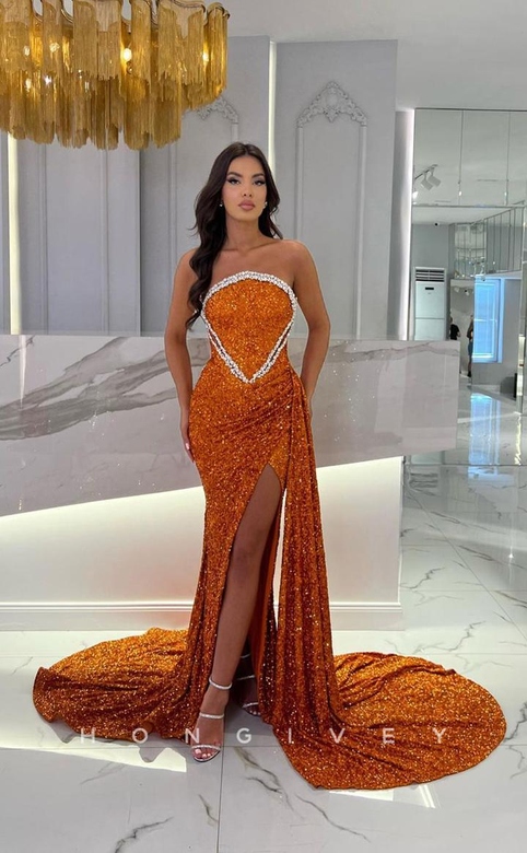 Fully Sequined Rhinestone Embellished Train High Slit Formal