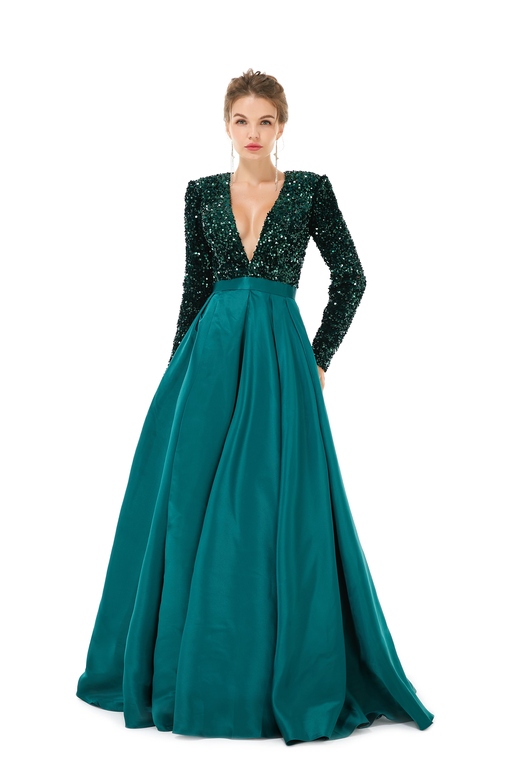 Elegant Long Sleeve Deep V-Neck Dark Green Evening Dress