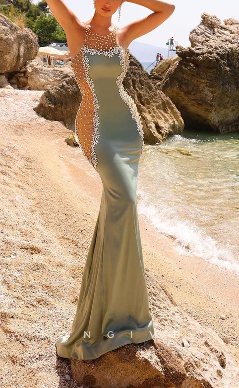 Sparkling Satin Trumpet Scoop Strapless Beaded Illusion Empire Train Prom Dress