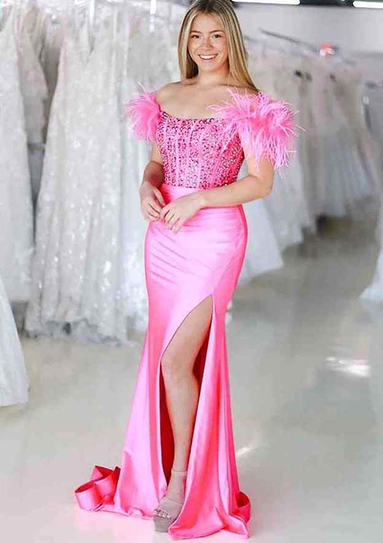 Gorgeous Charmeuse Feather Pleated Sequins Sheath/Column Sleeveless Prom Dress