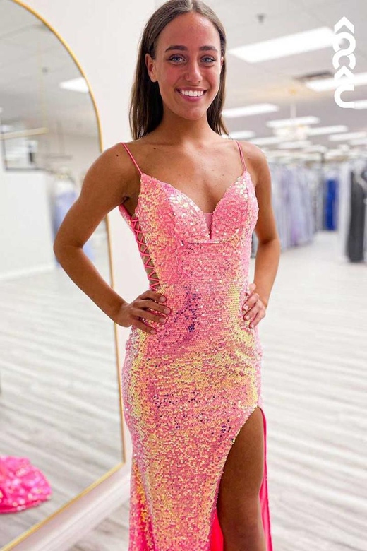 V-Neck Spaghetti Straps Sequined Backless Thigh Slit Long Prom Dress