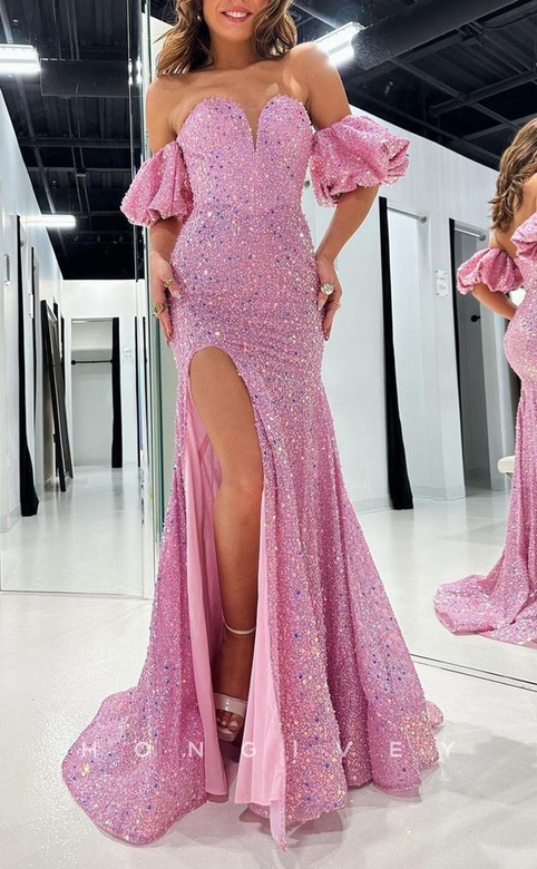 Glitter Off-Shoulder Puff Sleeves Beaded Side Slit Party Gown