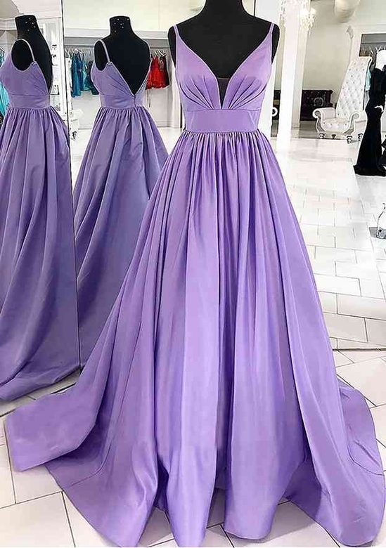 A-Line V-Neck Sleeveless Satin Sweep Train Pleated Prom Dress