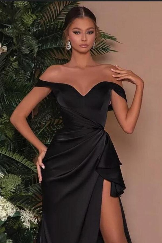 Sexy Off-the-Shoulder Satin Side Slit Long Black Prom Dress