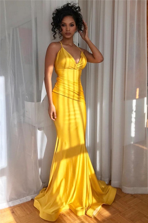 Yellow V-Neck Sleeveless Mermaid Prom Dress