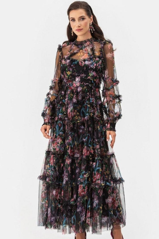 Black Fairy Mock Neck Bishop Sleeve Floral Tulle Tiered