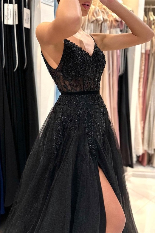 Spaghetti-Straps Black Sleeveless Tulle Split Prom Dress