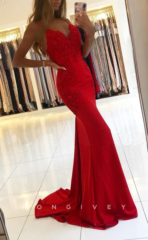 Lace Embellished Open Back Mermaid With Train Evening Formal Party Gown