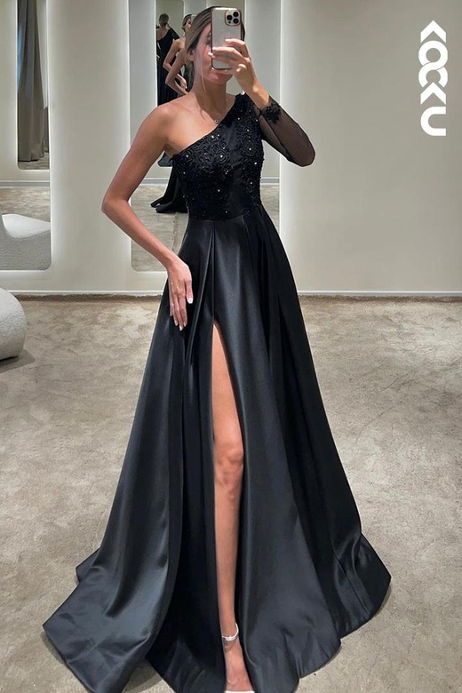 Couture & Ornate One-Shoulder A-Line Slit Applique Pearls Formal Gown