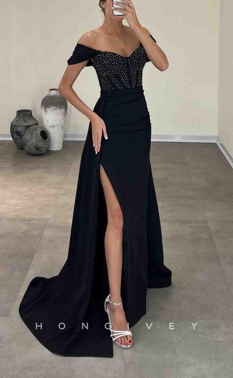 A-Line Off-Shoulder Empire Beaded Ruched Side Slit Gown