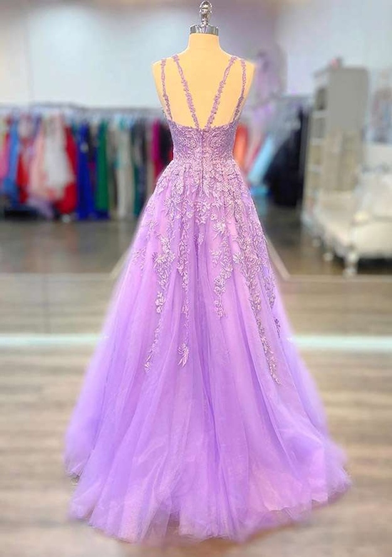 A-Line V-Neck Spaghetti Straps Laced Prom Dress with Beading