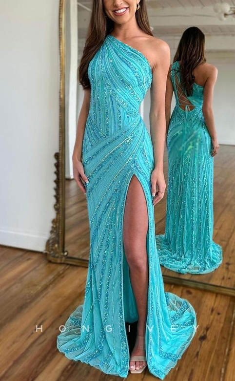 Sexy Satin Glitter One Shoulder Fully Sequined Side Slit Party Gown