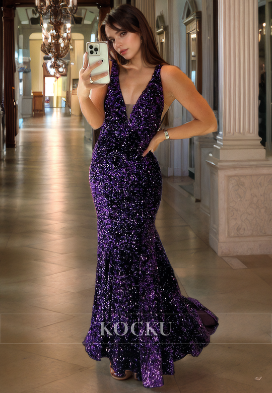 Chic & Modern V-Neck Sleeveless Sequined Mermaid Evening Party Gown