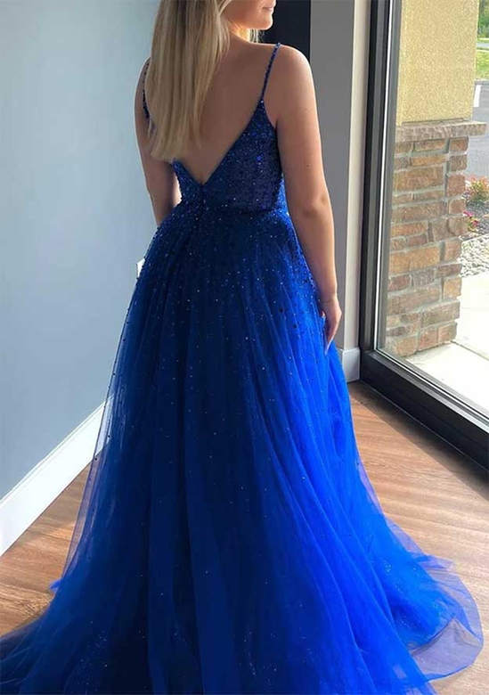 Beautiful V-Neck A-Line Tulle Beading Sequins Court Train Prom Dress