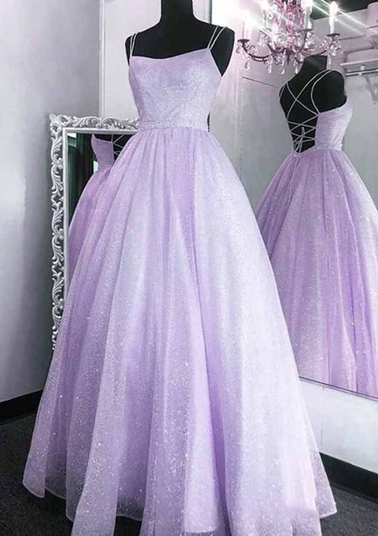 Glitter Beaded A-Line Spaghetti Straps Long Tulle Prom Dress