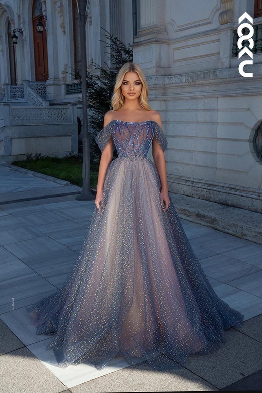 Couture & Ornate Off-Shoulder Cap Sleeves A-Line Tulle Sparkly Gown