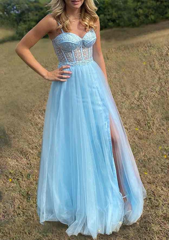 A-Line Sweetheart Tulle Prom Dress with Split and Applique for Elegance