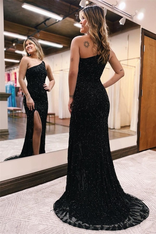 One Shoulder Black Sequins Long Mermaid Prom Dress