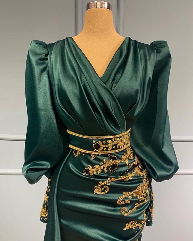 Dark Green Long Sleeves Beadings Mermaid Prom Dress