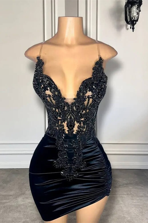 Black Sleeveless Short Spaghetti Straps Beaded Prom Dress