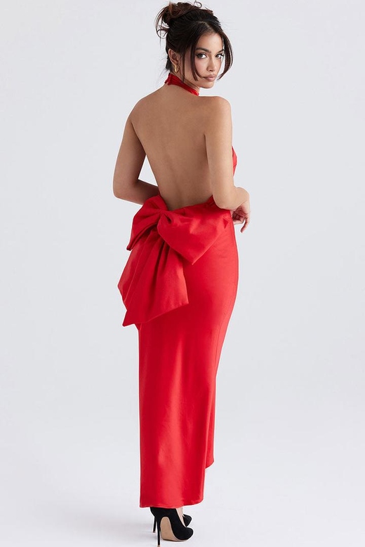 Holiday Red Oversized Bowknot Backless Halter Satin