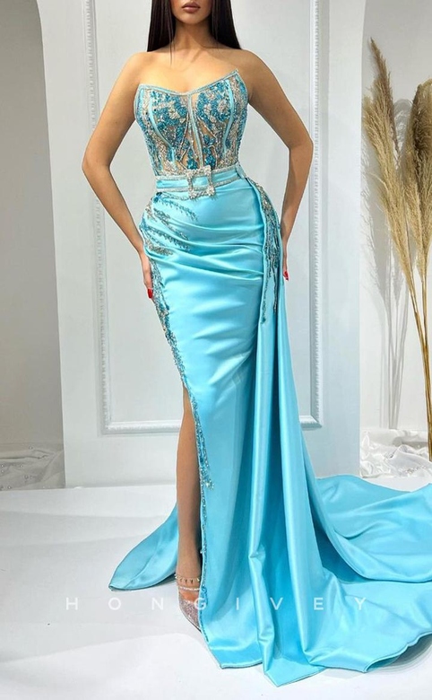 Sexy Satin Fitted Glitter Bateau Sleeveless Belt Ruched Beaded Gown