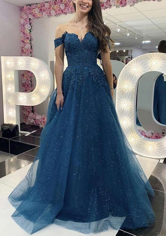 A-Line Off-the-Shoulder Long Tulle Appliqued Glitter Prom Dress