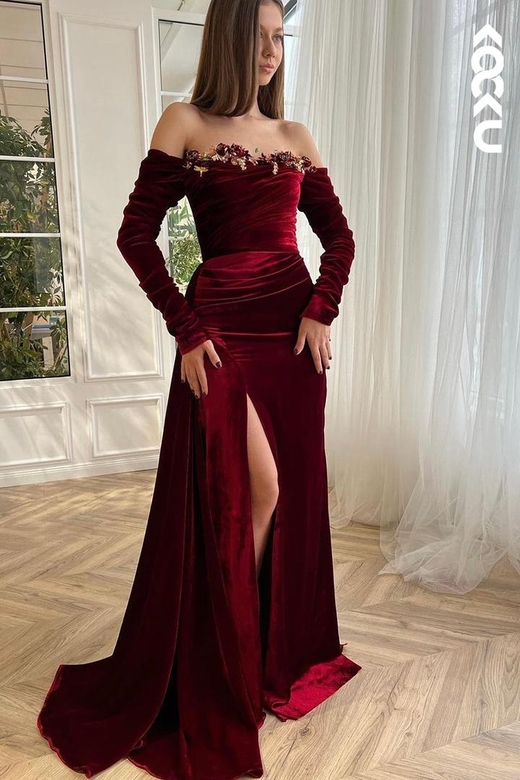 Elegant Red Off-Shoulder Long Sleeves Ruched Slit Prom Dress