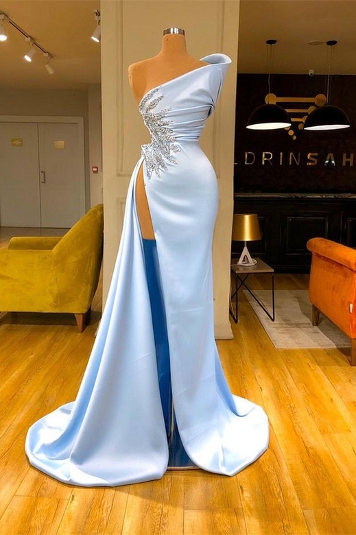 Sky Blue One-Shoulder High Split Beaded Long Mermaid Prom Dress